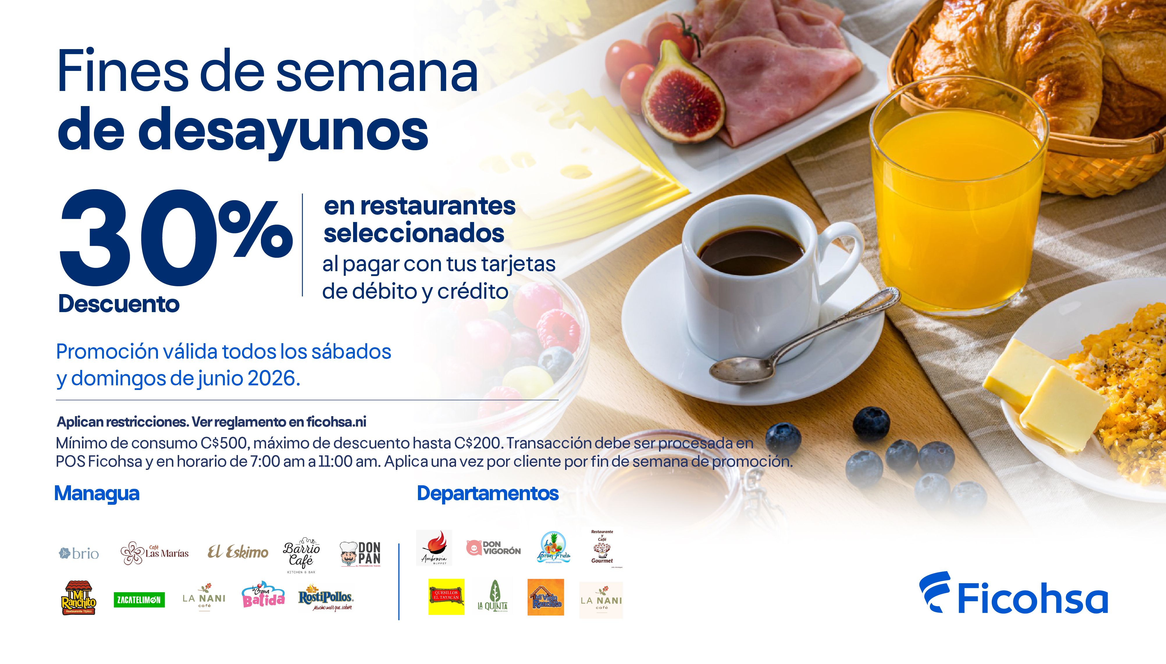 30% de descuento en desayunos los fines de semana 