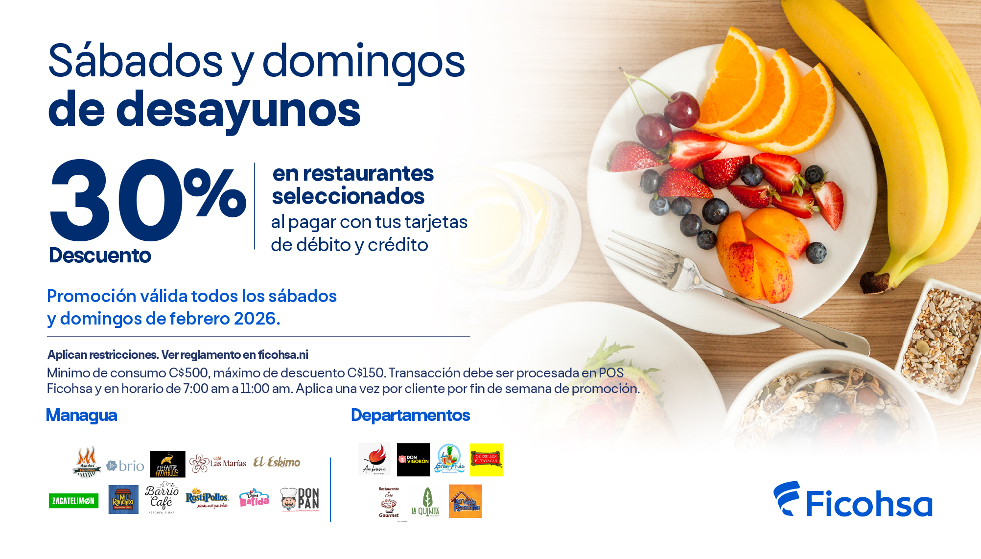 30% de descuento en desayunos los fines de semana 